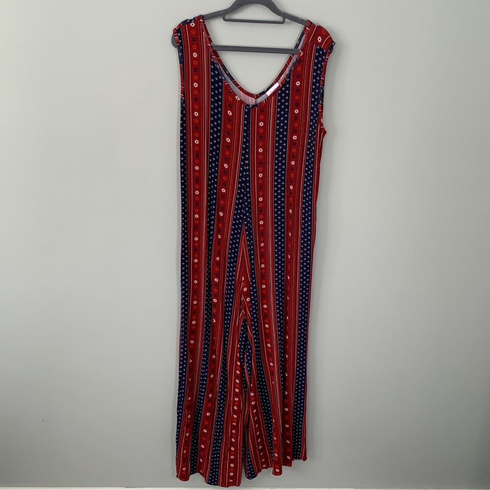 LuLaRoe Womens Large Sleeveless Wide Leg Jumpsuit Red Navy Blue Floral Striped